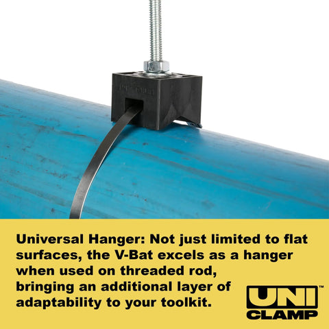 Pipe Clamp Kit Three Eighths To Five Inches Universal Flat Mount Pro Grade Clamp with threaded rod on blue pipe.