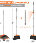 Diagram showing dimensions of Upgraded Broom and Dustpan Set With a 52-Inch Long, Adjustable Handle, orange and gray design.
