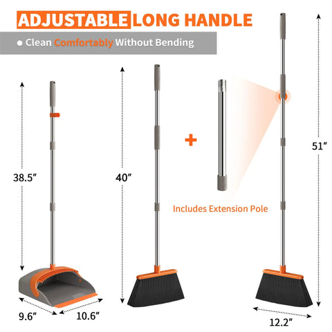 Diagram showing dimensions of Upgraded Broom and Dustpan Set With a 52-Inch Long, Adjustable Handle, orange and gray design.