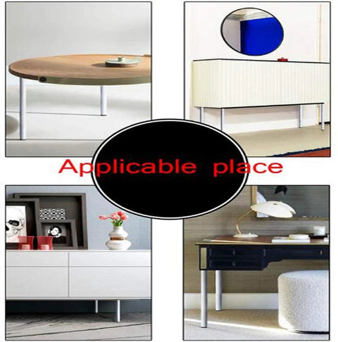 Built Tough White Replacement Table Legs 4 Pack Adjustable Steel Pipe Furniture Feet shown under various furniture setups.