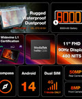 Kickass Rugged Android 14 Tablet With 11 Inch Crisp 90Hz Screen And Massive Storage showing waterproof features and battery details.