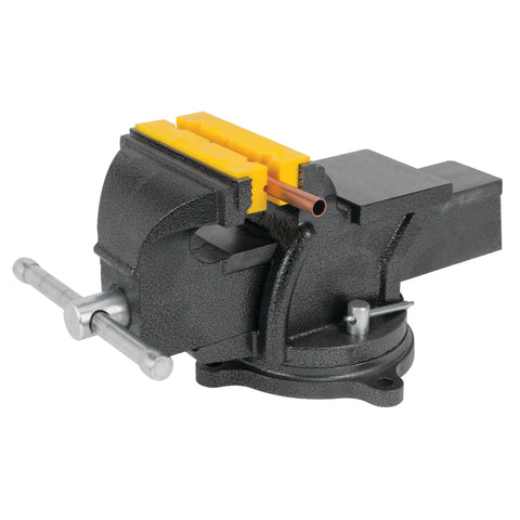 MV1 3-Inch To 6-Inch Polyurethane Soft Grip Vise Non-Marring Clamp with yellow pads, clamping a pipe