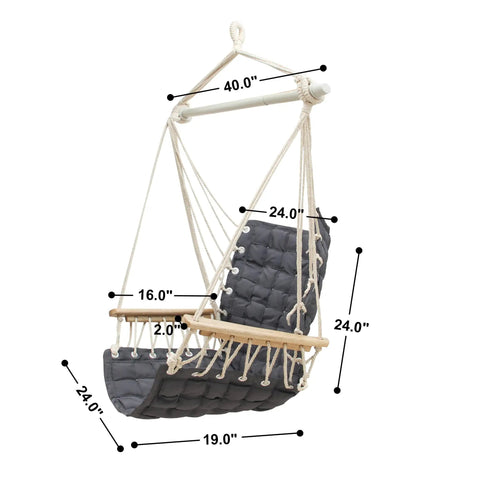 Chill Indoor Outdoor Hammock Chair With Wooden Armrests, Steel Spreader Bar And Anti Slip Rings, dimensions shown on image