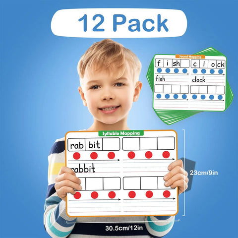 Child with 12 Pack Elkonin Boxes Phonemic Awareness Boards for Speech Therapy and Phonics Games, 9 by 12 Inch Dry Erase Whiteboards