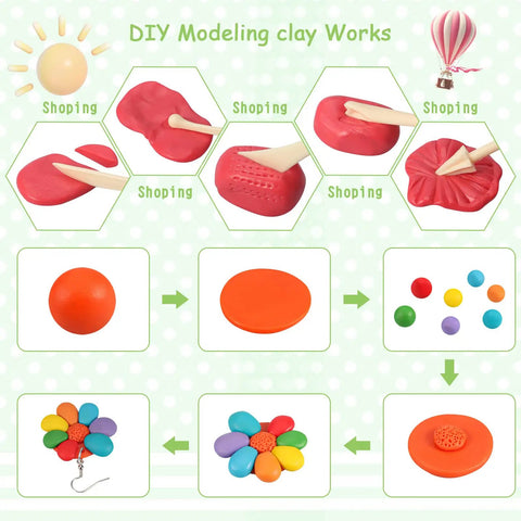 Step-by-step guide to using Polymer Clay Starter Kit With 60 Colors For Kids And Artists to make colorful clay flower and shapes.