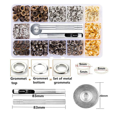 Grommet Kit 3 Sixteenth Inch 400Pcs Eyelet Set With 3 Piece Install Tools And Storage Box showing assorted grommets and tools