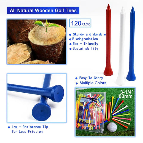 Natural Hardwood Golf Tees 3 1/4 Inch, 120 Pack, Biodegradable Wooden Tees, Blue, Red, White Colors, Eco Friendly, Stable Tee for Drives
