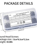Hella Strong 1200 Piece Micro Tapping Screws Tight Cross Drive Threads in transparent box with package details and sizes.