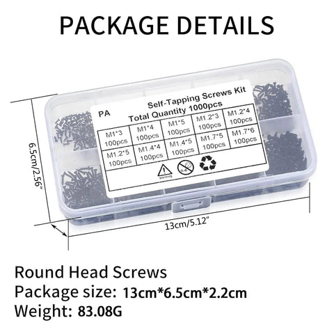 Hella Strong 1200 Piece Micro Tapping Screws Tight Cross Drive Threads in transparent box with package details and sizes.