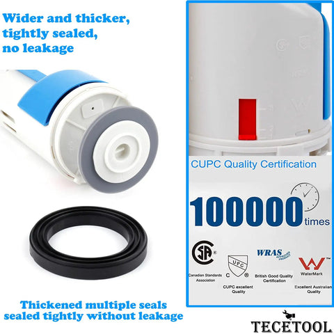 Close-up of 2 Inch Dual Flush Toilet Valve Repair Kit showing seals and certifications for Two Piece Toilets with Top Push Button