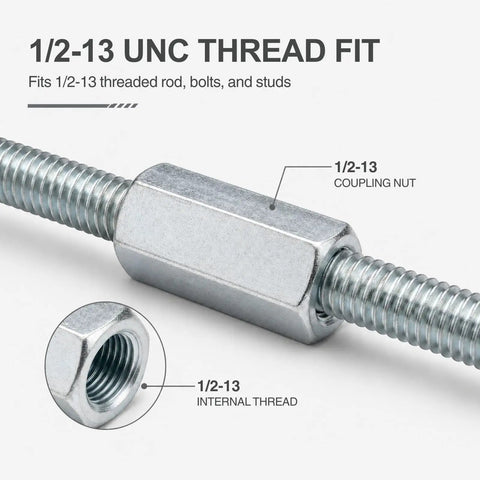 Heavy Duty 1/2-13 Hex Coupling Nut Set With Zinc Plated Carbon Steel Rod Connectors 1-3/4 Inch Length 30-Piece Industrial Joint Kit