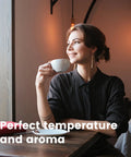 Premium Fully Automatic Coffee Maker Built For Your Daily Grind Features Smart App Control and Intuitive Touchpad, stylish woman enjoying coffee.