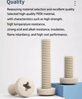 Hardcore PEEK Plastic M3 Metric Phillips Pan Head Screw Assortment Kit With Hex Nuts And Washers, showing beige screws and a blue block.