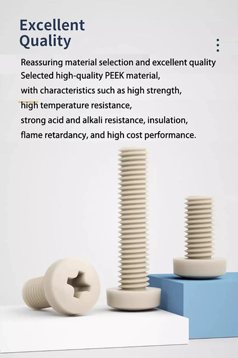 Hardcore PEEK Plastic M3 Metric Phillips Pan Head Screw Assortment Kit With Hex Nuts And Washers, showing beige screws and a blue block.
