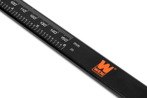 Close-up of a 6.1 Inch Digital Caliper With LCD Readout For Inches, Millimeters And Fractional SAE Units showing metric scale