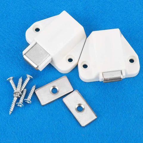 8 Pack Strong Magnetic Door Catch Kit For Cabinets And Cupboards, Suction Latch, screws, and plates on blue background