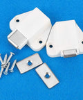 Sturdy 8-Pack Magnetic Cabinet Latches Keep Cupboard Doors Snug Strong Hold For Kitchen Bathroom Hallway And Outdoor Furniture Easy Install, includes two white latches and mounting screws.