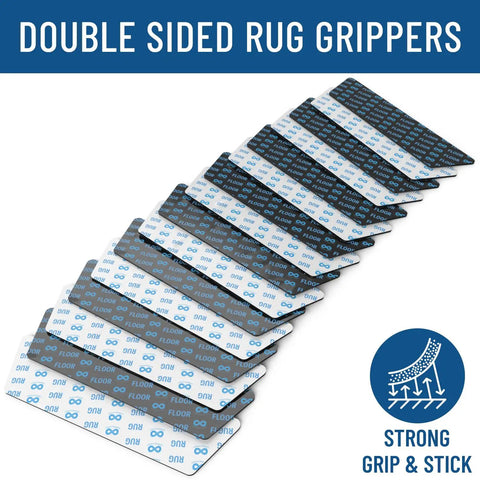 Anti Slip Rug Grips For Hardwood Floors No Damage Floor To Carpet Tape Holds Rugs In Place Washable And Reusable Double Sided Rug Tape 12 Pack Safe For High Traffic Areas Like Kitchens Living Rooms And Halls shown in packaging with emphasis on strong grip and stick.