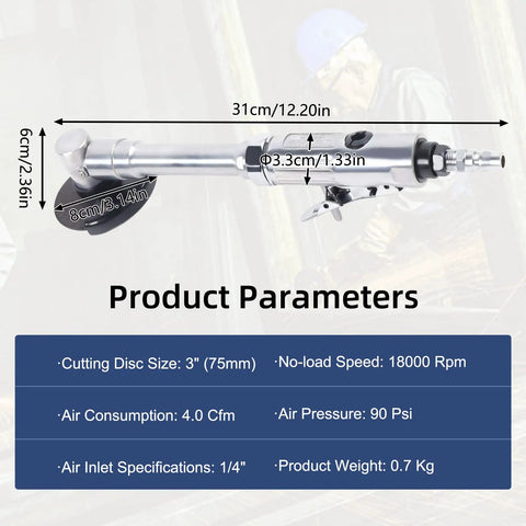 Long Handled Pro-Grade Pneumatic Cutoff Tool With 3-Inch Wheel and measurements on display, showcasing specifications.