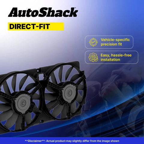 Straight Bolt Up Radiator Cooling Fan Assembly For Chevrolet Sonic 2012 To 2018 L4 1.8L with dual black fan blades.