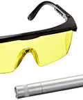 Front view of yellow-lens safety goggles and a silver pen light