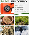 Illustration showing 8-level control for Battery Powered Cordless Seed Spreader Handheld Power Spreader For Lawns And Gardens 7.2 Volt Rechargeable