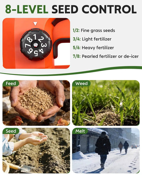 Illustration showing 8-level control for Battery Powered Cordless Seed Spreader Handheld Power Spreader For Lawns And Gardens 7.2 Volt Rechargeable