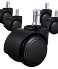 Five Pack 2 Inch Office Chair Wheels Heavy Duty Replacement Silent Rubber Caster Wheels For All Floor Surfaces Including Hardwood Safe Glide Universal Stem Size Fits Most Chairs Up To 300 Pounds Capacity, showing black wheels with metal stems.