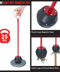 Magnetic Pickup Tool With 25lb Pull 27.5 Inch Reach Quick Release Handle featuring red handle and large magnetic head.