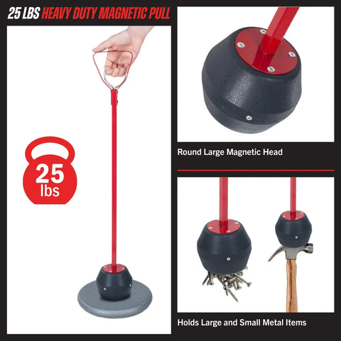 Magnetic Pickup Tool With 25lb Pull 27.5 Inch Reach Quick Release Handle featuring red handle and large magnetic head.
