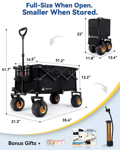 Beach Wagon With Balloon Wheels Seven Point Five Inch Soft Sand Glide Heavy Duty Cart 330 Lb Capacity Foldable Utility Wagon