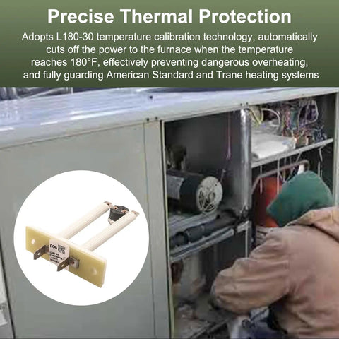 Technician installing Thermal Limit Switch for Furnace Overheat Protection 180F L18030 Cutoff Safety Device next to furnace.