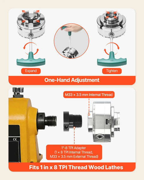 One-hand adjustment of Built Tough 4 Inch Wood Lathe Chuck 4 Jaw Self Centering Bevel Gear Set With 1 Inch 8 TPI Thread And Adapter