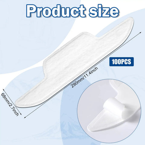 100 Pack Disposable Hat Sweat Liners For Baseball Caps, Sweat Absorption Shield For Men And Women shown with size dimensions.