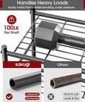 Close-up of Heavy Duty 5 Tier Storage Shelves With Hooks For Garage And Home Large Capacity Metal Rack With Leveling Feet, showcasing sturdy grid design and weight capacity.