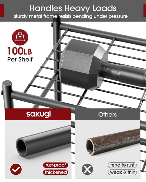 Close-up of Heavy Duty 5 Tier Storage Shelves With Hooks For Garage And Home Large Capacity Metal Rack With Leveling Feet, showcasing sturdy grid design and weight capacity.
