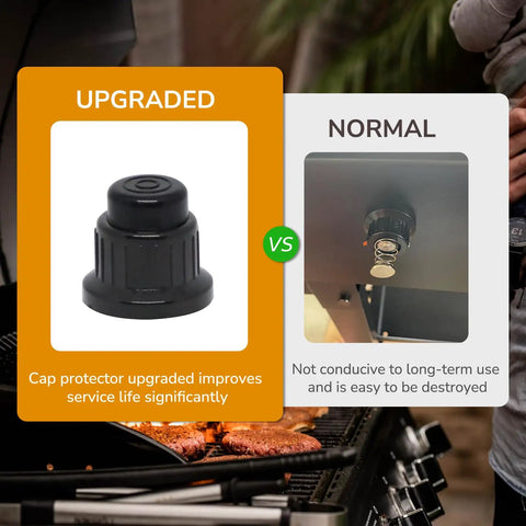 Comparison of upgraded grill cap protector versus normal, highlighting improved service life for Extra Long Grill Igniter Replacement.