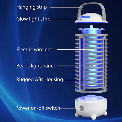 Rechargeable 4200V Bug Zapper With USB Power, LED Light, Indoor Outdoor Use, IP66 Waterproof Portable Electric Fly Zapper With Hook diagram