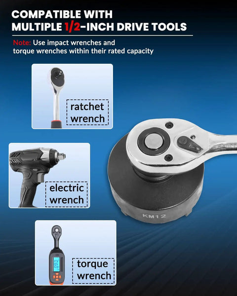 13 Piece Spindle Nut Socket Kit For KM Groove Nuts Remove And Install Locking Hub Sockets For Ball Joints And Axles, compatible with 1/2 inch drive tools like ratchet, electric, and torque wrenches.