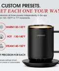 Smart Self Heating Coffee Mug With 14 Oz Size And Intelligent AI Heat Control showing customizable temperature presets for precise heating.