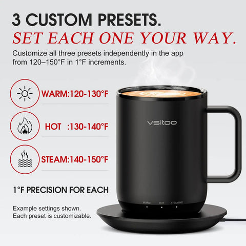 Smart Self Heating Coffee Mug With 14 Oz Size And Intelligent AI Heat Control showing customizable temperature presets for precise heating.