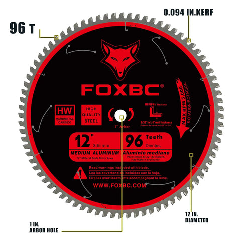 12 Inch Saw Blade For Aluminum And Non-Ferrous Metal And Plastic, 96-Tooth TCG, 1-Inch Arbor, .094 Kerf, labeled diagram
