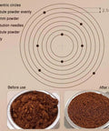 Kickass Espresso Tamper Set 58mm WDT Tool Magnetic Silicone Mat showing powder distribution before and after use.