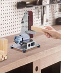 Rock Solid Mini Belt Sander With Seven Adjustable Speeds For Smooth Wood Finishing And Polishing, sander in use on wood.