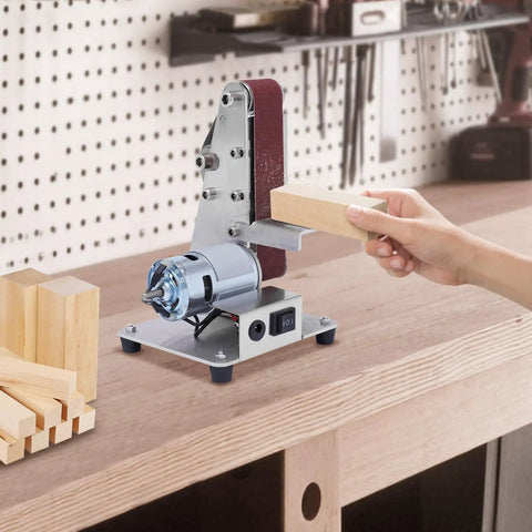 Rock Solid Mini Belt Sander With Seven Adjustable Speeds For Smooth Wood Finishing And Polishing, sander in use on wood.