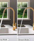 Gold High Arc Kitchen Faucet With Pull Down Sprayer, showing dual function stream and spray modes, sleek modern design in use.