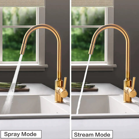 Gold High Arc Kitchen Faucet With Pull Down Sprayer, showing dual function stream and spray modes, sleek modern design in use.