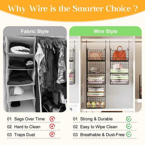 Comparison of fabric vs wire 6 tier hanging closet organizer dope space saving shelf system with foldable shelves and dividers