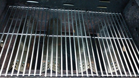Open grill showing replacement heat plate shields and grates, part of Grill Replacement Parts Kit With Heat Plate Shield And Igniter For Nexgrill And Members Mark 720-0830 Series Four Burner Grills 720-0830H 720-0830D 720-0783E 720-0830A 720-0888 720-0830F.
