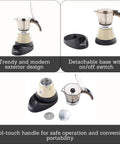 Dang Compact Two Cup Electric Espresso Maker With Cool Touch Handle Brews Rich Smooth Coffee Straight Up For Small Apartment Countertops And Office Desks, modern design, detachable base, safety features.